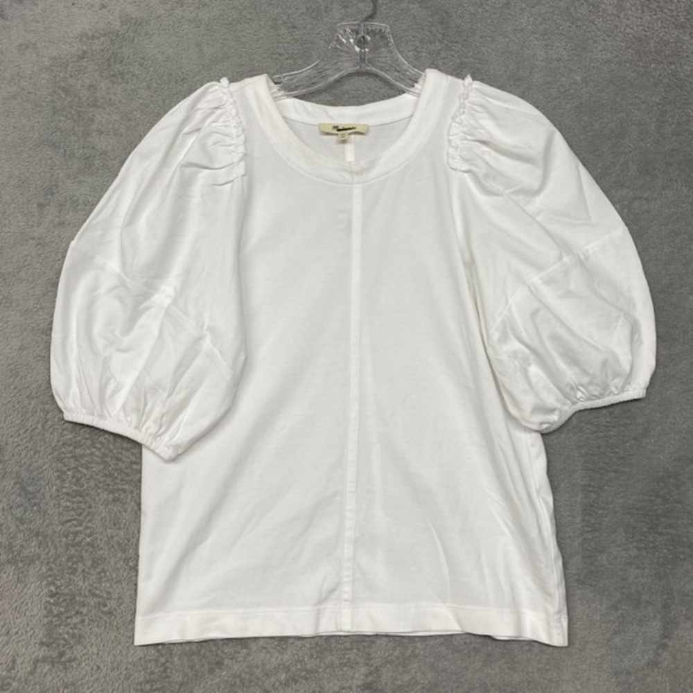 Madewel Womens Top Extra Small White Puff Sleeve Casual T Shirt Round Neck NT331